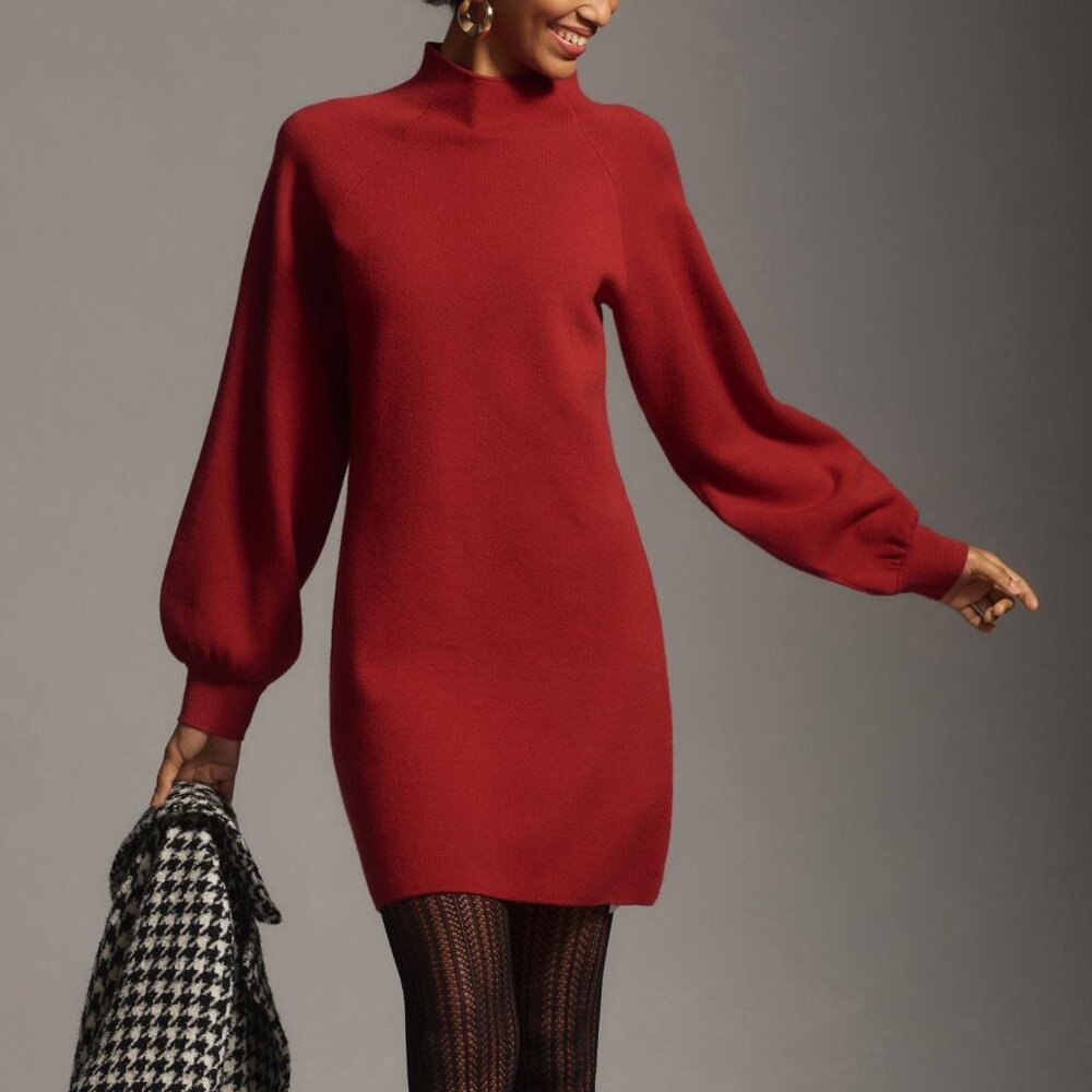 Anthropologie The Beatriz Mock-Neck Sweater Dress Wine Red Medium
